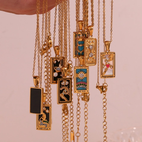 Tarotkarten Anhänger Halskette Edelstahl Zirkonia Emaille Muschel Vintage Himmlischer Rechteckiger Schmuck Damen