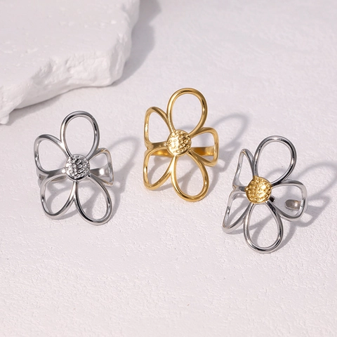 Hollow Flower Ring Stainless Steel 18K Gold Plated Adjustable Opening Daisy Minimalist Jewelry For Women