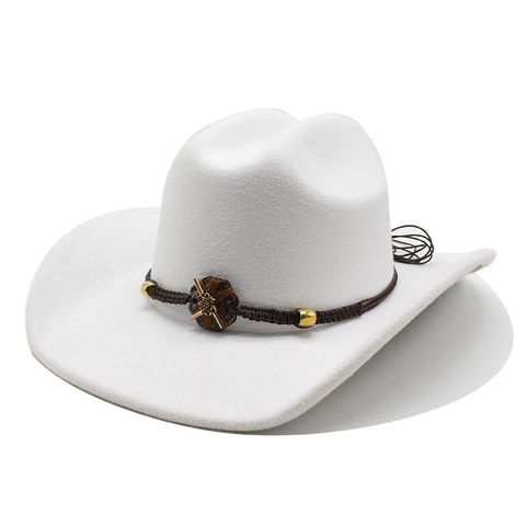 Western Cowboyhut Wollfilz Breite Krempe Geflochtenes Band Metallperlen Blumendekor Retro Stil Outdoor Sonnenschutz Sonnenhut