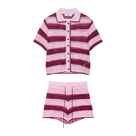 Donna A Righe Crochet Maglia Polo Camicia E Pantaloncini Casual Estate Streetwear Manica Corta Traspirante