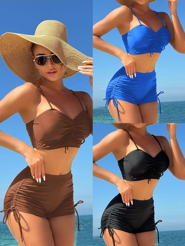 Women Swimsuit Ruched Drawstring Tankini Top High Waisted Boyshorts Solid Color Beachwear Polyester Spandex
