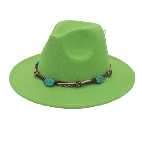 Fedora Hat Wide Brim Wool Felt Bohemian Decorative Band Turquoise Stones Braided Rope Western Vintage Jazz Style