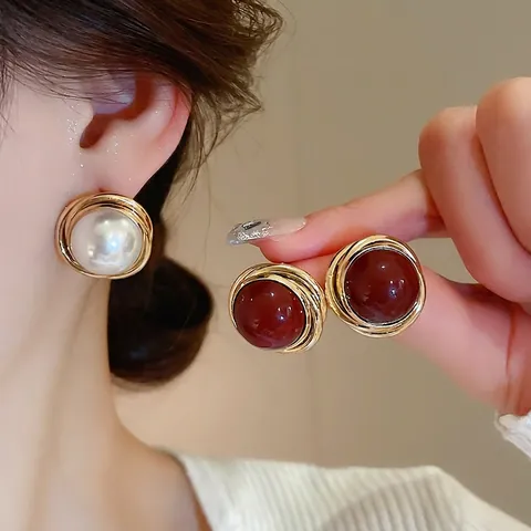 Pendientes Botón Perlas Artificiales Imitación Redondos Retro Alambre Dorado Poste Plata Ley 925 Estilo Francés Elegante Mujer
