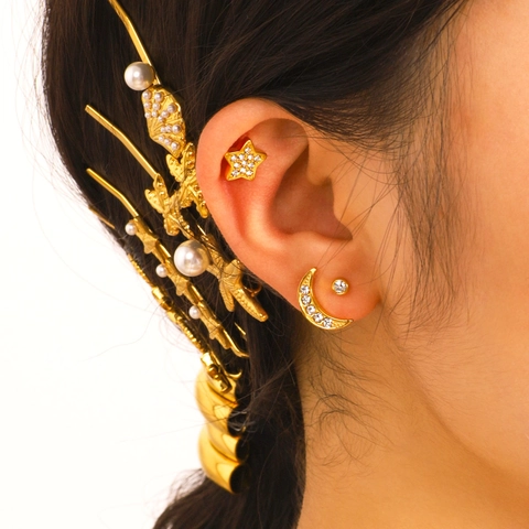 Star Moon Stud Earrings Set Stainless Steel 18K Gold Plated Rhinestone Waterproof Hypoallergenic Jewelry For Women