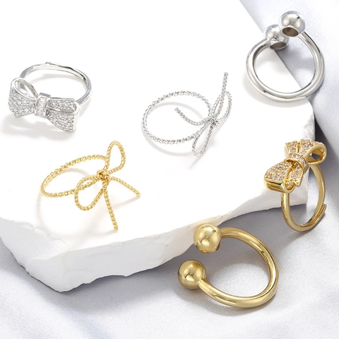 Bague Ajustable Ouverte Minimaliste Nœud Papillon Torsadé Double Boule Cuivre Zircone Bijoux Mode Pour Femmes