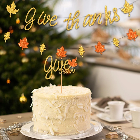 Thanksgiving Give Thanks Banner And Cake Topper Glitter Paper Maple Leaf Autumn Party Decoration Supplies