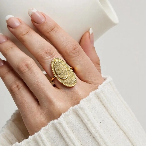 18K Gold Plated Copper Hammered Open Ring For Women Minimalist Geometric Hollow Oval Round Adjustable Jewelry Ring