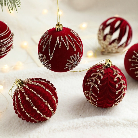 Boules De Noël Floconnées Rouge Vin Velours Paillettes Flocon De Neige Creux Décoration Sapin Festive Luxe