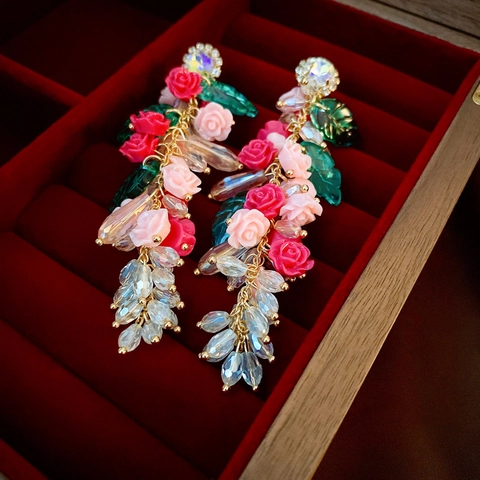 Pendientes Largos De Flores Con Borlas Acrílico Resina Pedrería Y Poste De Plata Estilo Bohemio Vintage Para Mujer