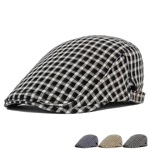 Vintage British Style Flat Cap Adjustable Plaid Cotton Ivy Newsboy Hat For Men Women Sunshade Breathable Outdoor