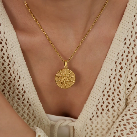Stainless Steel Sun Totem Pendant Necklace 18K Gold Plated Twist Chain Punk Hip Hop Jewelry For Women