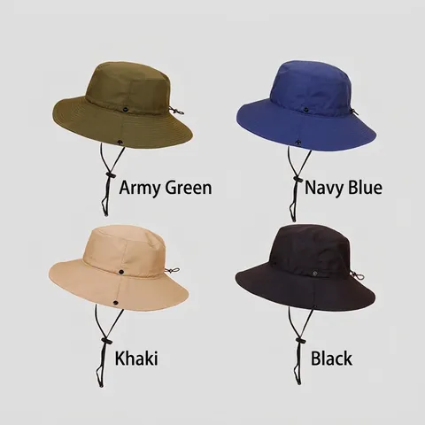 Wide Brim Bucket Hat Polyester Sun Protection Adjustable Chin Strap Outdoor Hiking Fishing Breathable Foldable Men Women