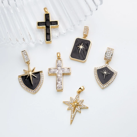Ciondolo Scudo Croce Rame Placcato Oro 18K Zircone Smalto Ciondoli Per Collana Creazione Gioielli Stile Elegante