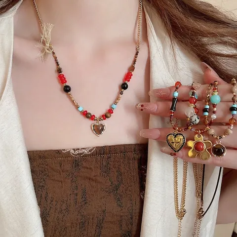 Bohemian Beaded Necklace Alloy Tiger Eye Stone Heart Flower Cross Pendant Vintage French Court Style Jewelry For Women