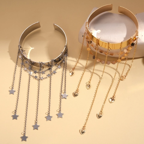 Brazalete De Hierro Con Flecos De Varias Capas Colgantes De Estrella Corazón Pulsera Abierta Ajustable Joyas Moda Mujer