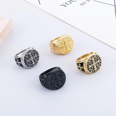 Anello Sigillo Medaglia San Benedetto Acciaio Inossidabile Retro Religioso Croce Gioielli Hip Hop Per Uomini