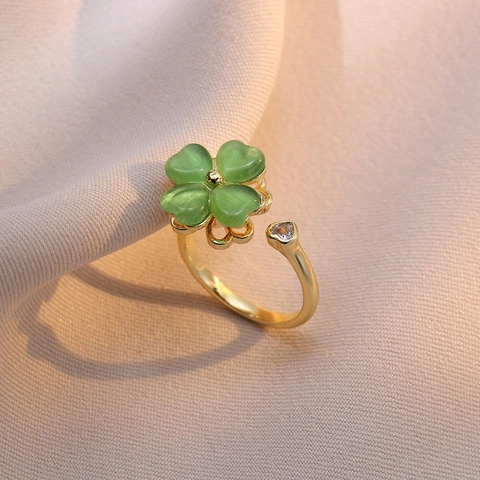 Sweet Gold Plated Alloy Four Leaf Clover Heart Zircon Open Adjustable Ring For Women Fashion Jewelry Lucky Finger Decor Gift