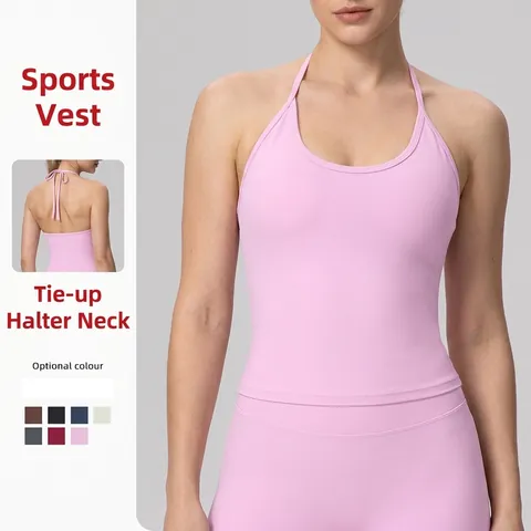 Damen Halter Yoga Sport Weste Rückenfrei Schnürung Gepolstertes Top Schnelltrocknend Fitness Nylon Elasthan Camisole