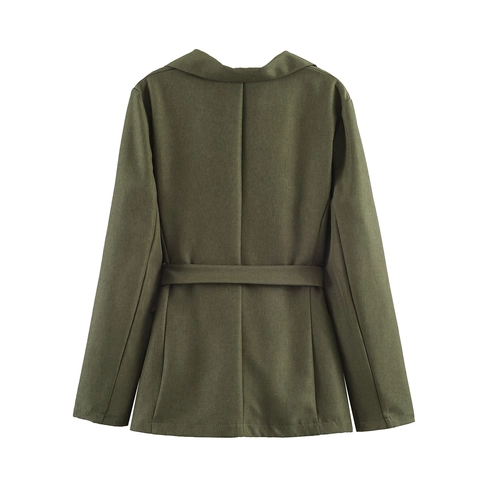 British Style Elegant Women Office Blazer And Pleated Maxi Skirt Army Green Belted Waist Polyester Solid Color