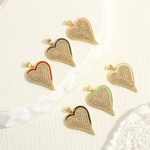 Charme Forme De Coeur Pendentif Cuivre Plaqué Or Zircon Émail Accessoires Bijoux DIY Fabrication Collier