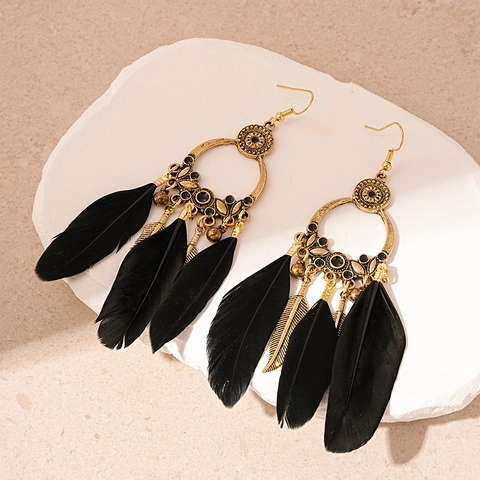 Alloy Tassel Earrings With Black Feather And Stainless Steel Earring Post Bohemian Vintage Ethnic For Women