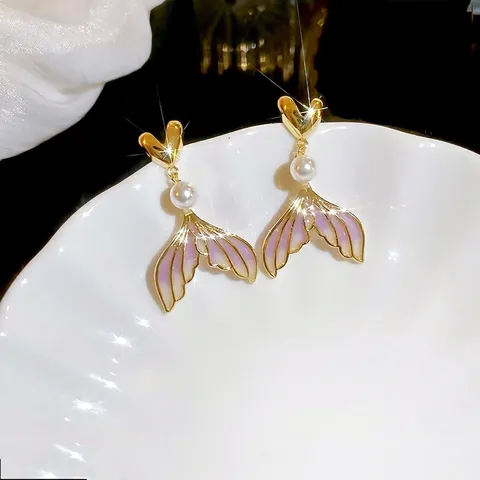 Pendientes De Perla Artificial De Cola De Sirena Degradado Púrpura Corazón Cobre Con Poste De Plata De Ley 925 Joyería Dulce