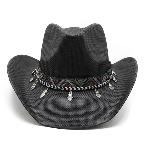 Western Cowboy Straw Hat Hand Woven Wide Brim Sun Protection Bohemian Ethnic Band Metal Charms Vintage Paper Jazz Hat