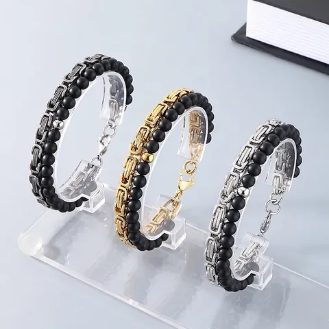 Men's Stainless Steel Byzantine Chain Bracelet With Matte Black Agate Beads Layered Hip Hop Retro Jewelry