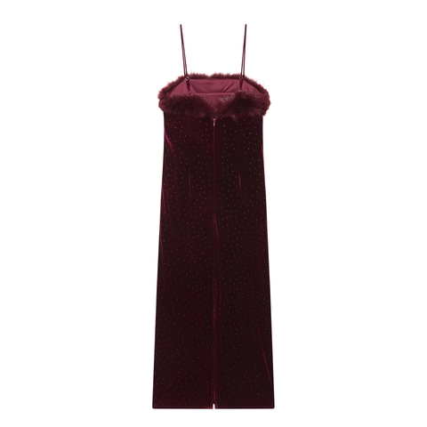 Vestido Midi De Terciopelo Burdeos Con Ribete De Piel Sintética Estrás Brillo Cuello En V Sin Mangas Fiesta Mujeres