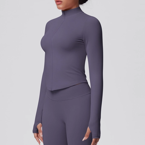 Completo Yoga In Maglia Giacca Con Cerniera E Leggings Collo Alto Fori Per Il Pollice Traspirante Vestibilità Aderente