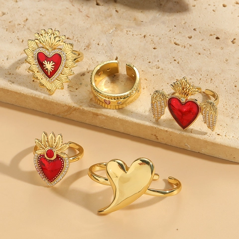 Vintage Copper Heart Adjustable Open Ring For Women Gold Plated Zirconia Enamel Angel Wings Crown Flower Romantic Jewelry Gift