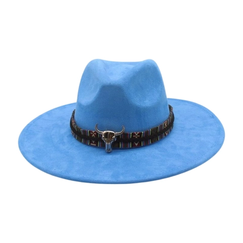 Cappello Fedora Western per Uomo e Donna Falda Larga Parasole con Fascia Etnica Intrecciata e Teschio di Toro in Metallo Stile Vintage Boho