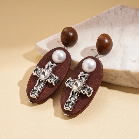 Pendientes De Cruz De Madera Vintage Con Poste De Plata De Ley 925 Perla Artificial De Imitación Corazón Strass Étnico Mujeres