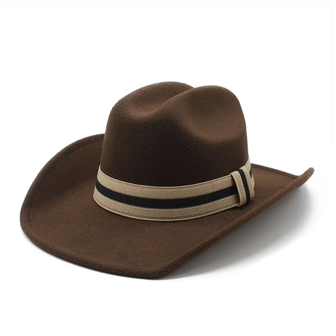 Chapeau De Cow-Boy Western En Feutre De Laine Large Bord Bande Rayée Style Vintage Fedora Pour Hommes Et Femmes