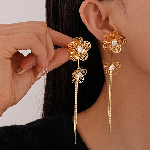 Hollow Flower Long Tassel Drop Earrings Copper Zircon Elegant Gold Plated Jewelry With Silver Earring Post For Women