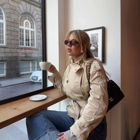 Women Short Trench Coat Double Breasted With Belt Polyester Lapel Casual Fashion Urban Outerwear Jacket