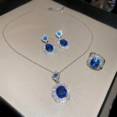 Elegante Ovaal Blauwe Strass Ketting Oorbellen Ring Sieraden Luxe Legering Sleutelbeenketing Voor Vrouwen