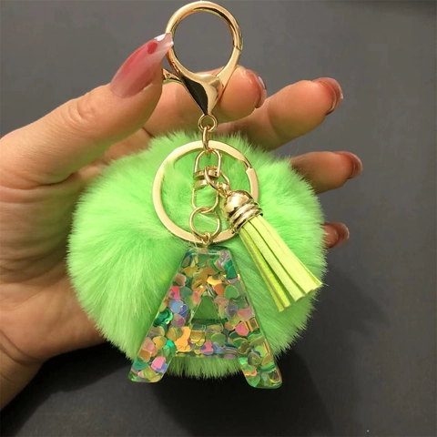 Resin Initial Letter Keychain With Faux Fur Pompom And Tassel Glitter Alphabet Bag Charm For Women Fashion Accessory