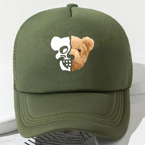 Trucker Hat Cotton Mesh Breathable Baseball Cap Half Teddy Bear Skull Print Streetwear Adjustable Snapback