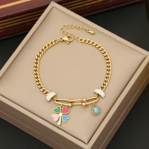 Pulsera De Acero Inoxidable Chapada En Oro Para Mujer Con Esmalte Flor Corazón Mariposa Árbol De La Vida Joyería Moda