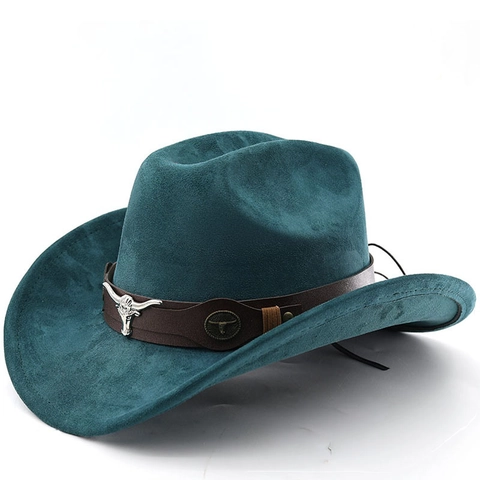 Chapeau De Cow-Boy Occidental Vintage Polyester Suède Feutre Bord Large Tête De Taureau Bande En Cuir Rétro Jazz Fedora Pour Hommes Femmes