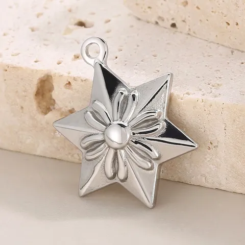Hexagram Star Pendant Stainless Steel Flower Relief Charm Hip Hop Punk Rock DIY Jewelry Making Accessories Silver Color