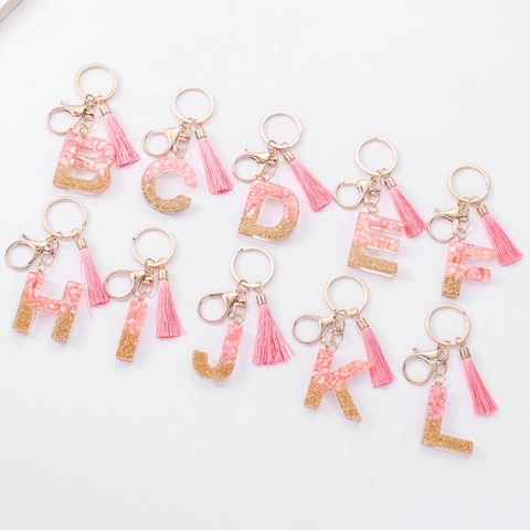 Pink Goldfolie Harz Alphabet Schlüsselanhänger 26 Englische Buchstaben Initial Schlüsselring Mit Quaste Anhänger Für Damen Taschen Zubehör Geschenk