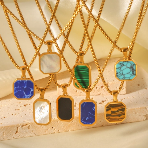 Collana Pendente Quadrato Ottagonale Geometrico Acciaio Inossidabile Placcato Oro Pietra Incastonata Catena Scatola Donne