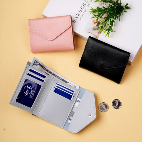 Women Mini Wallet PU Leather Trifold Card Holder With ID Window Envelope Flap Snap Button Minimalist Solid Color Portable