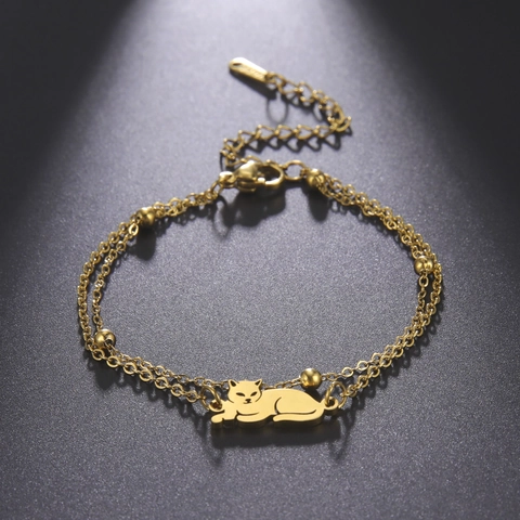 Pulsera Con Colgante De Gato Acero Inoxidable Doble Capa Cadena De Cuentas Joyería Minimalista Ajustable Para Mujer