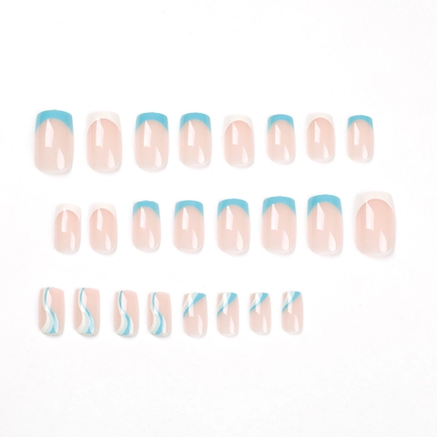 Unghie Finte Stile Francese Design Onde Blu Bianco Quadrato Ovale Unghie Artificiali Per Donne Decorazione Manicure Artistica