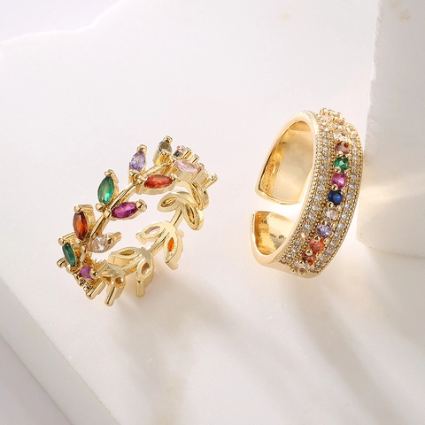 Verstellbarer Offener Ring Mit Regenbogen Zirkonia Vergoldetes Kupfer Blatt Geometrischer Schmuck Für Damen