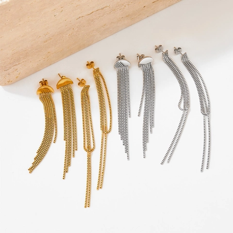 Boucles D'oreilles Longues À Pompons En Acier Inoxydable Élégantes Minimalistes Chaîne À Mailles Multiples Style Géométrique