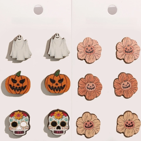 Halloween Stud Earrings Wood Pumpkin Ghost Skull Funny Festive Jewelry With Stainless Steel Earring Posts For Women